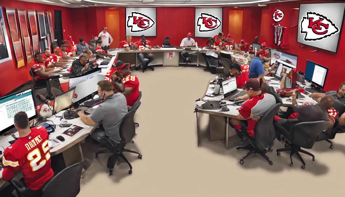 The Kansas City Chiefs war room during the NFL Draft, with team personnel discussing their draft picks and strategy.