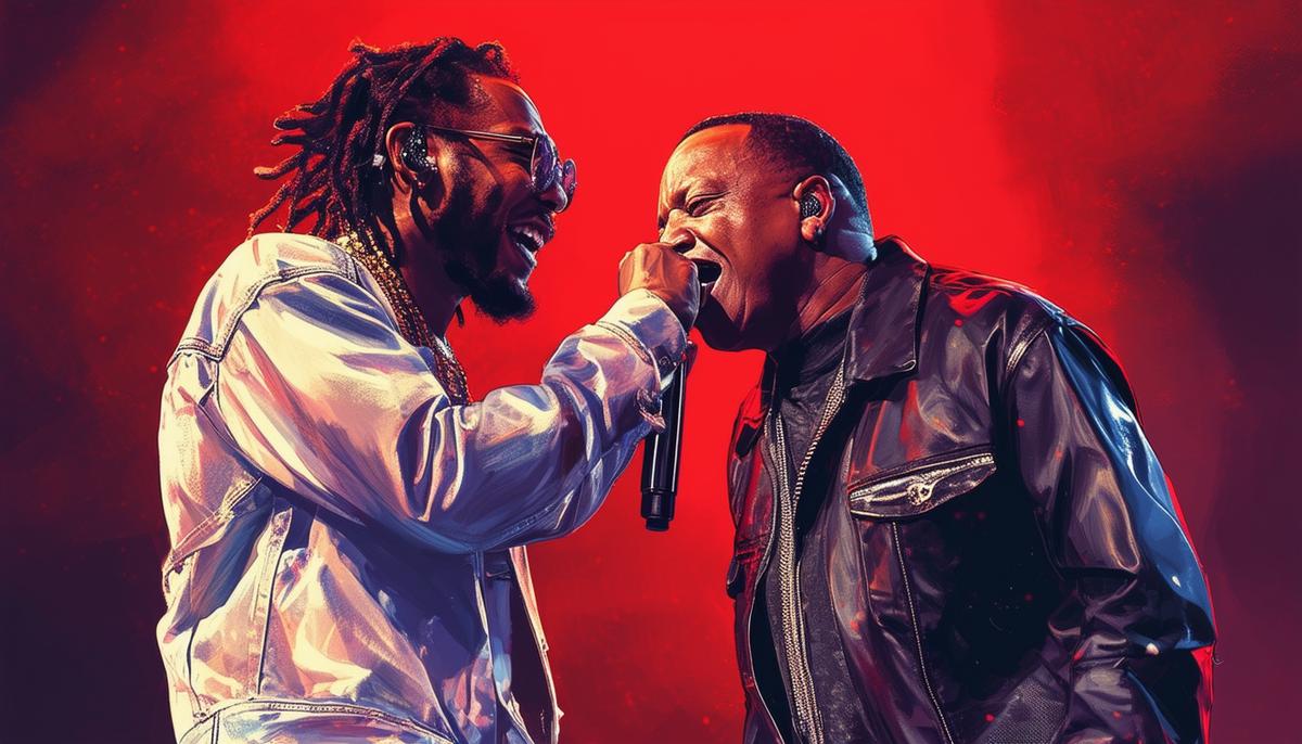 A photo of Kendrick Lamar and Dr. Dre performing 'California Love' together on stage at Kendrick's Juneteenth concert.