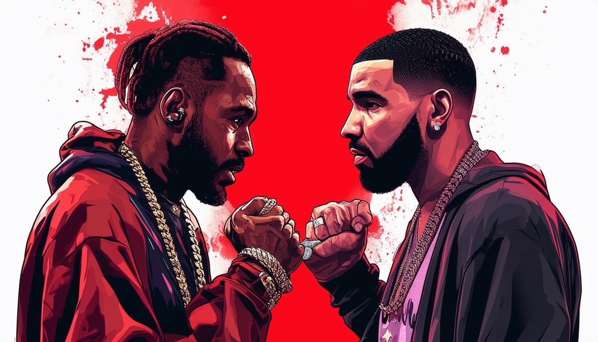 A digital illustration depicting the rivalry between Kendrick Lamar and Drake, with Kendrick defending 2Pac's legacy.