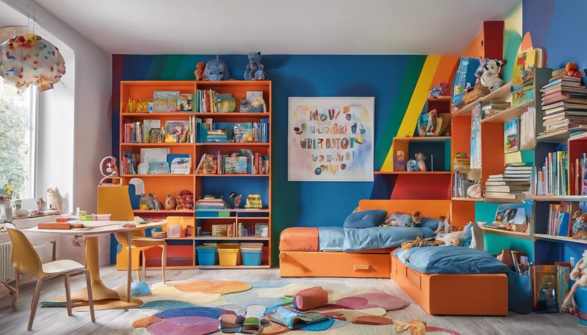 Ein Kinderzimmer mit blauen Wänden und einem bunten Bücherregal voller Bücher