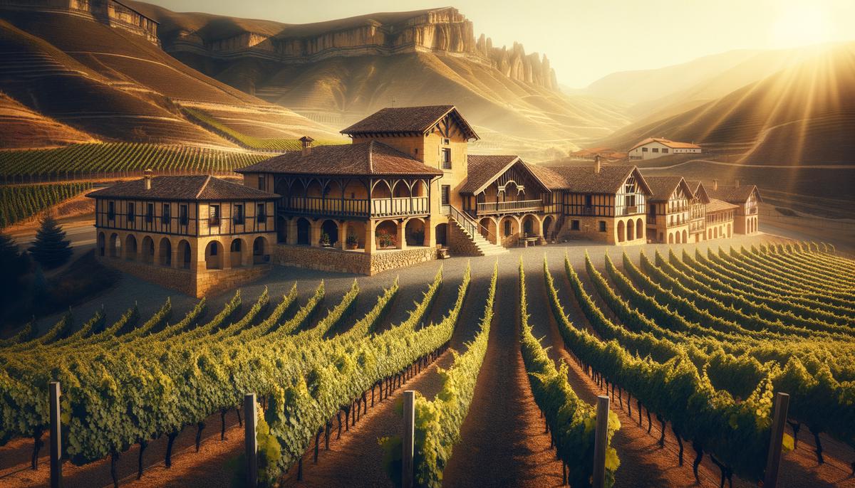 A traditional winery or bodega in the La Rioja region of Spain, with rows of vineyards stretching out in the foreground and the winery's rustic architecture in the background.