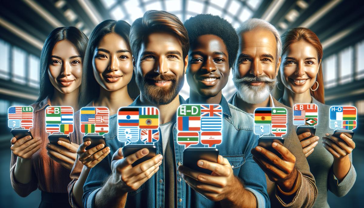 A diverse group of people using smartphones to learn different languages through the Duolingo app