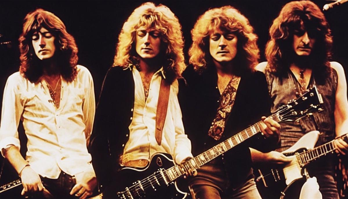 Led Zeppelin delivers an electrifying live performance, with Robert Plant singing passionately, Jimmy Page playing guitar, John Bonham on drums, and John Paul Jones on bass