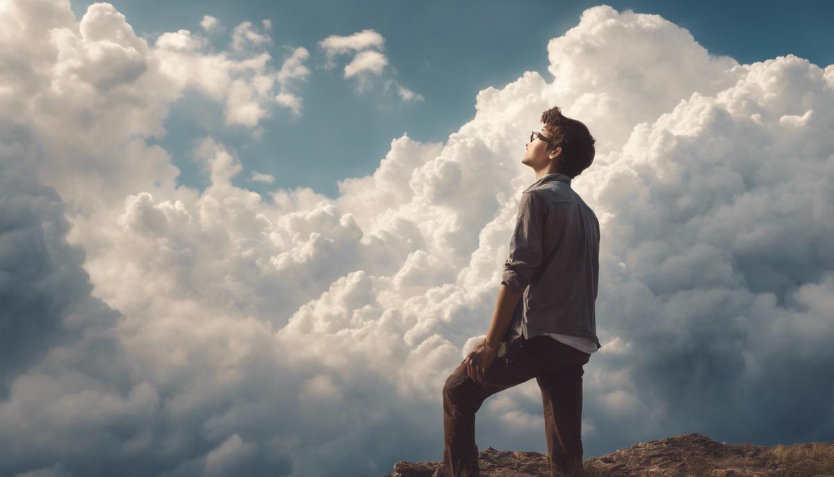 A young man gazing at clouds, reflecting on his quest for knowledge and adventure