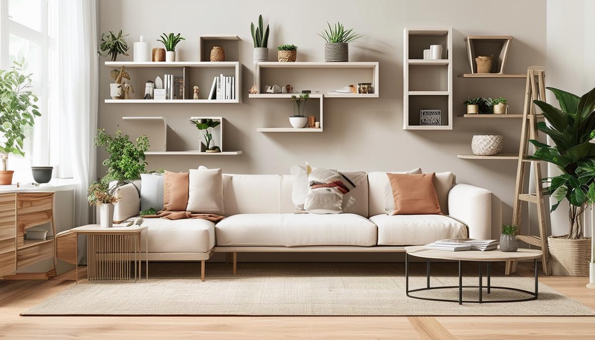 A stylish living room featuring various lightweight shelving solutions, such as adhesive-backed shelves, cube shelves, and ladder shelves, showcasing how renters can add storage and decor without damaging walls.