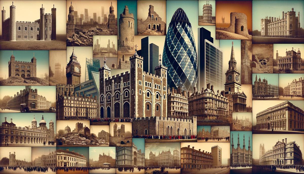 A montage showcasing the diversity of London's architecture, from Roman ruins and medieval structures to neoclassical grandeur, industrial might, and post-modern designs.