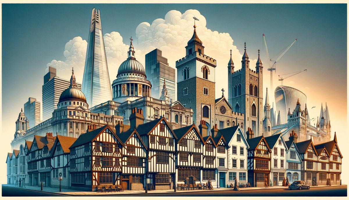 A collage showcasing the evolution of London's architecture, from the Roman-built London Wall to the medieval Tower of London, Tudor timber-framed houses, Victorian buildings, and modern skyscrapers.