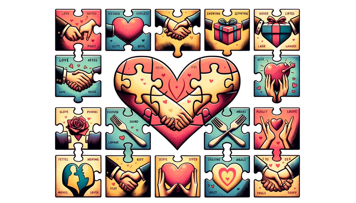 A heart-shaped jigsaw puzzle, symbolizing different love languages coming together to form a strong bond. Avoid using words, letters or labels in the image when possible.