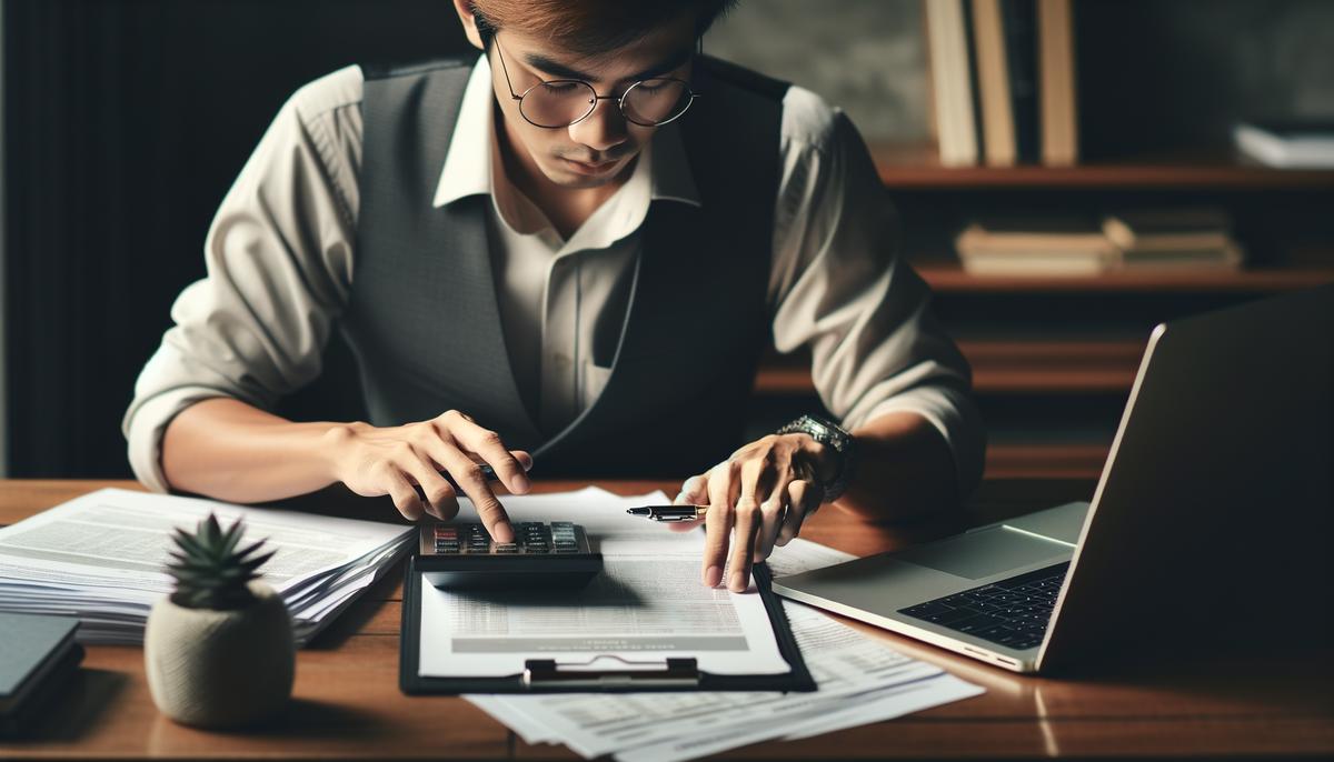 A person reviewing financial documents at a desk with a calculator and laptop