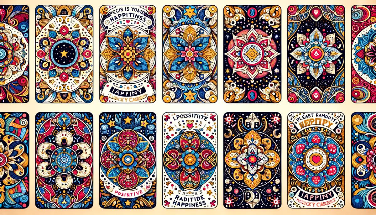 An image of various lucky cards filled with colorful designs and heartfelt messages