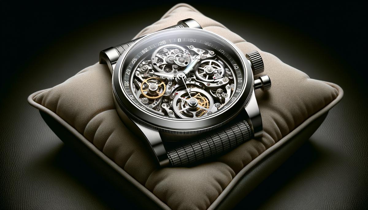 A luxury watch with intricate gears and a stunning case displayed on a cushion.