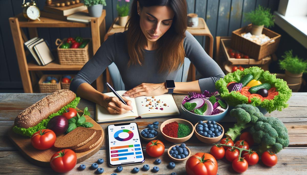 A person writing in a notebook, surrounded by healthy foods and a smartphone with a macro tracking app open