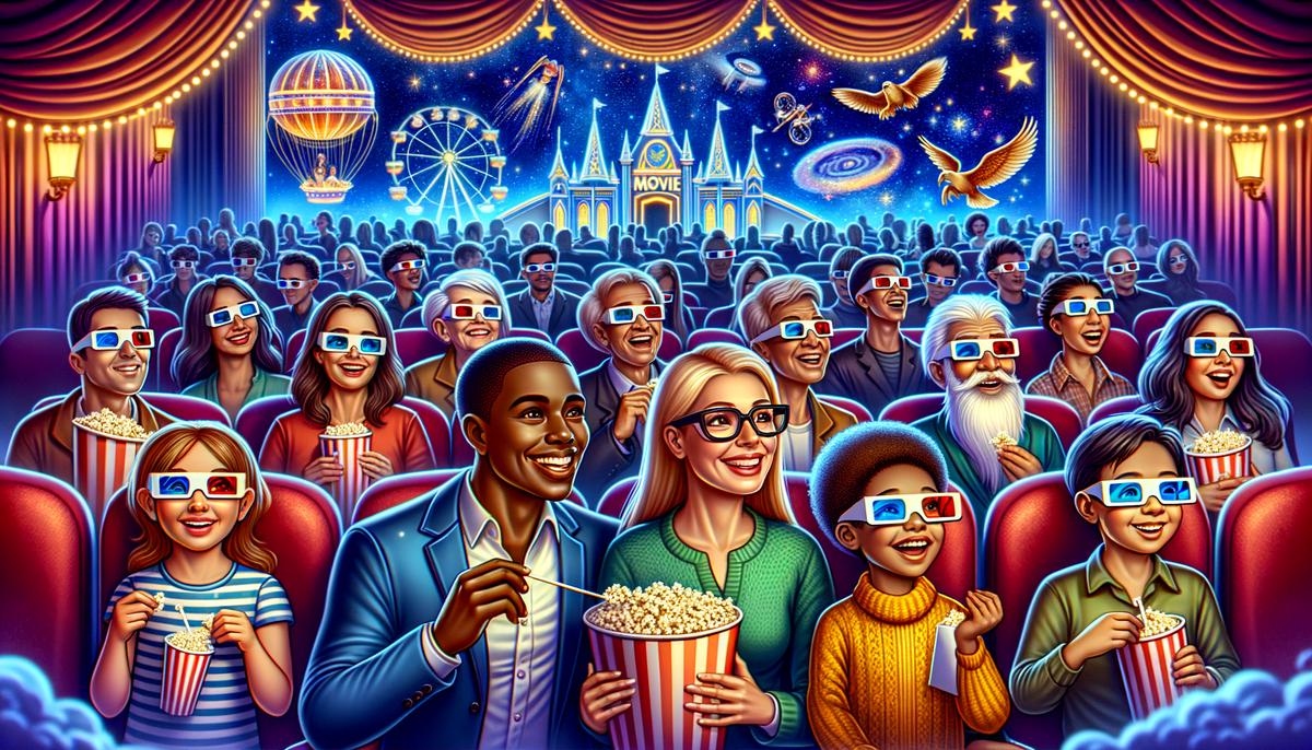 Illustration of a magical movie experience, showing people enjoying a movie with themed decorations and interactive activities. Avoid using words, letters or labels in the image when possible.