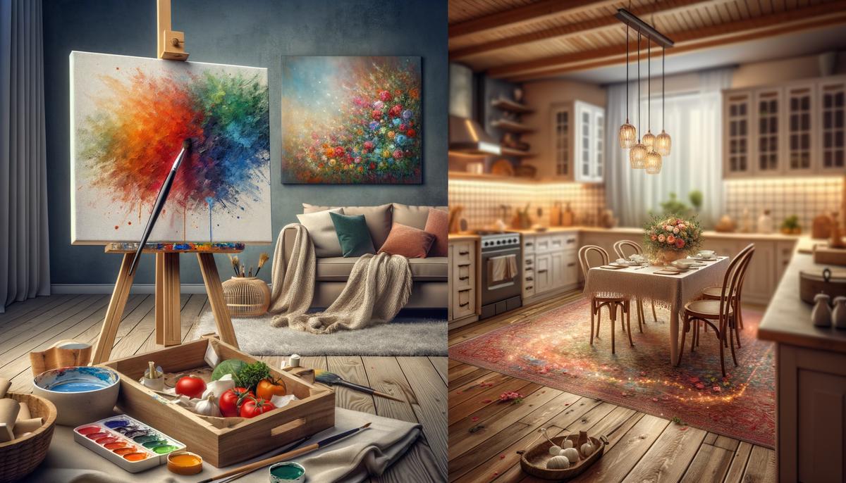 A cozy living room setup with painting supplies, a kitchen with cooking ingredients, and a dimly lit room for dancing, creating unique memories with a loved one.. Avoid using words, letters or labels in the image when possible.