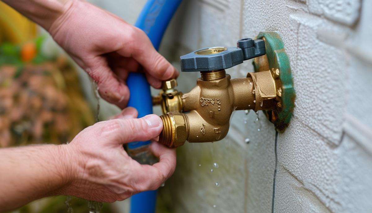 Hand turning the main water shutoff valve located near the water meter to fully open position to ensure maximum flow to the home.