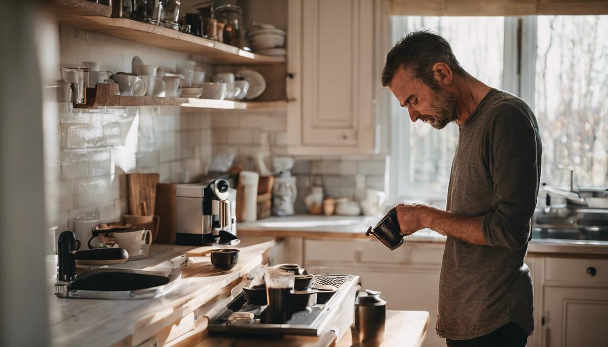 A man making coffee in the soft morning light in his kitchen