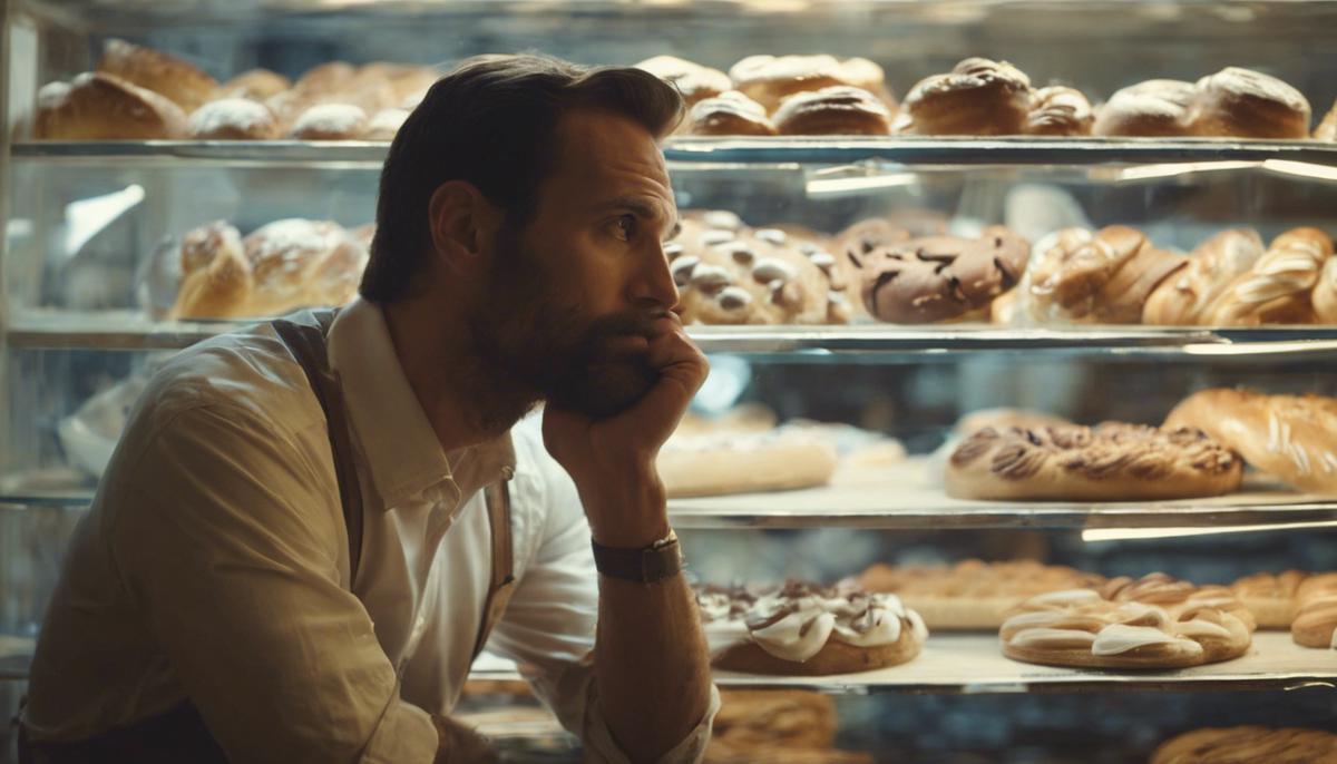 A pensive man with his hand on his chin, looking out the window of a bakery while pondering a decision