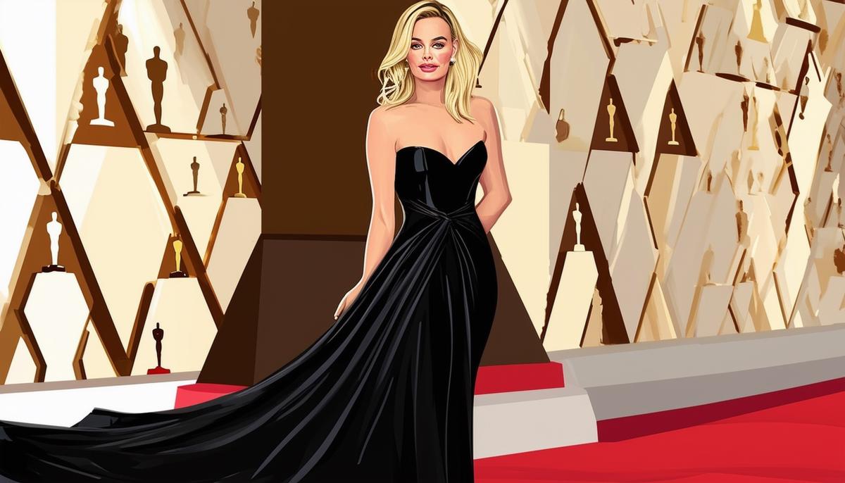 Margot Robbie on the Oscars red carpet wearing a sleek black strapless Versace gown.