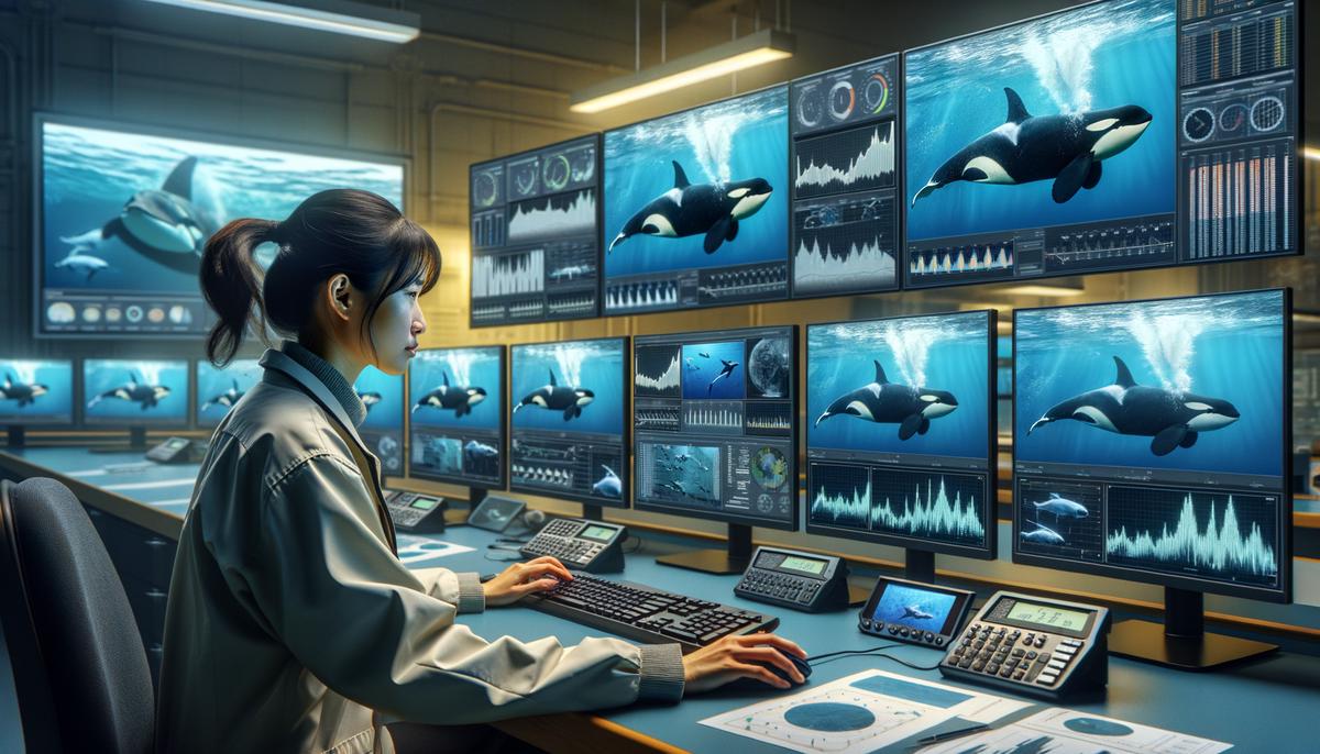 A marine biologist analyzing orca behavior data on computer screens