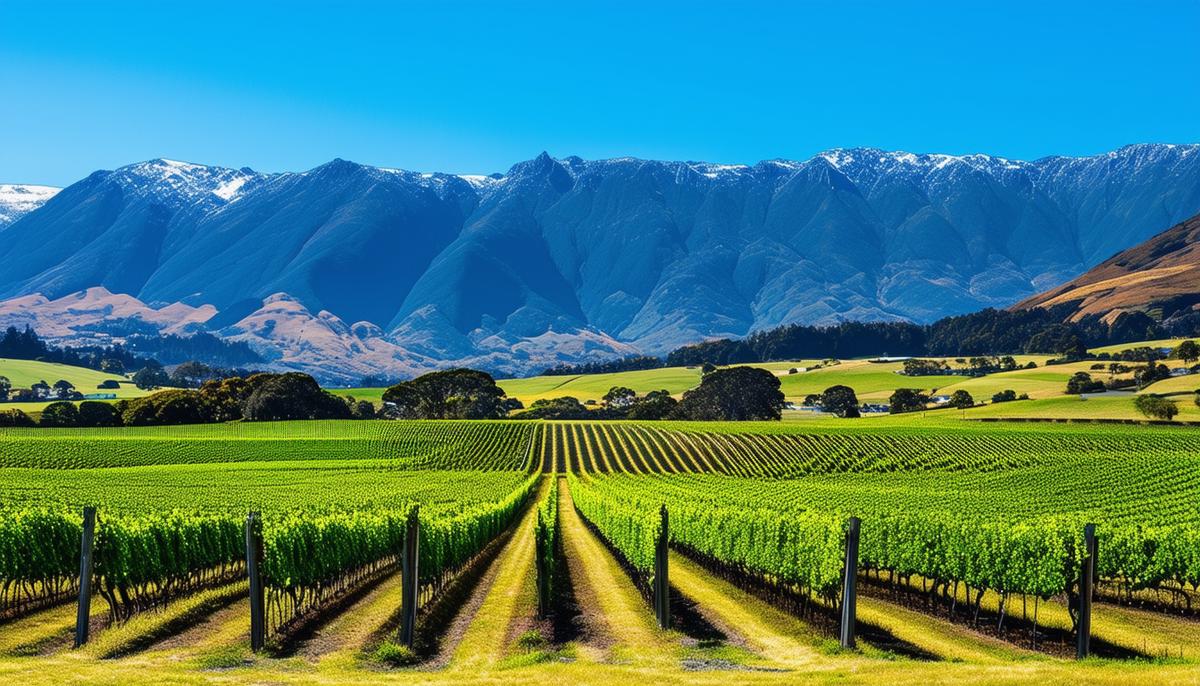 Lush vineyards in the Marlborough region of New Zealand, with the rugged mountains and clear blue skies providing a picturesque backdrop.