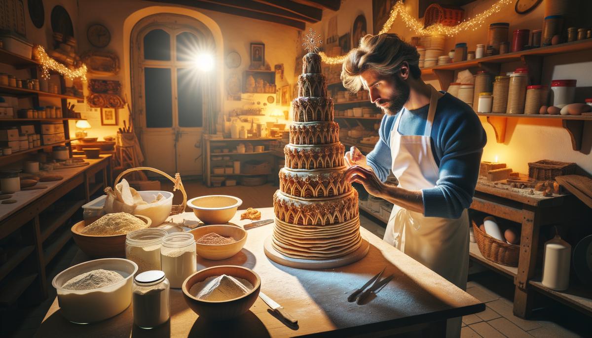 Ein hingebungsvoller Bäcker arbeitet spät in der Nacht in seiner gemütlichen Dorfbäckerei und erschafft einen außergewöhnlichen, kunstvollen Kuchen für ein besonderes Fest.