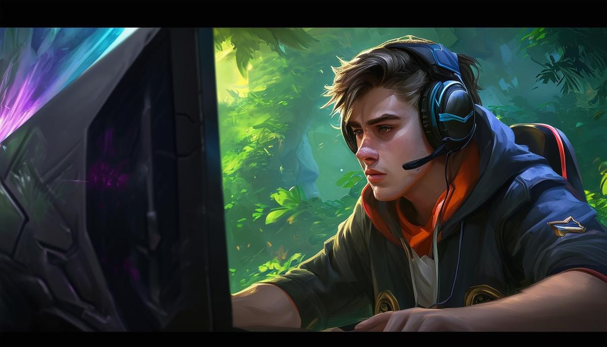 A League of Legends player focusing intently on their chosen role, such as a jungler strategizing their route or a support coordinating with their team.