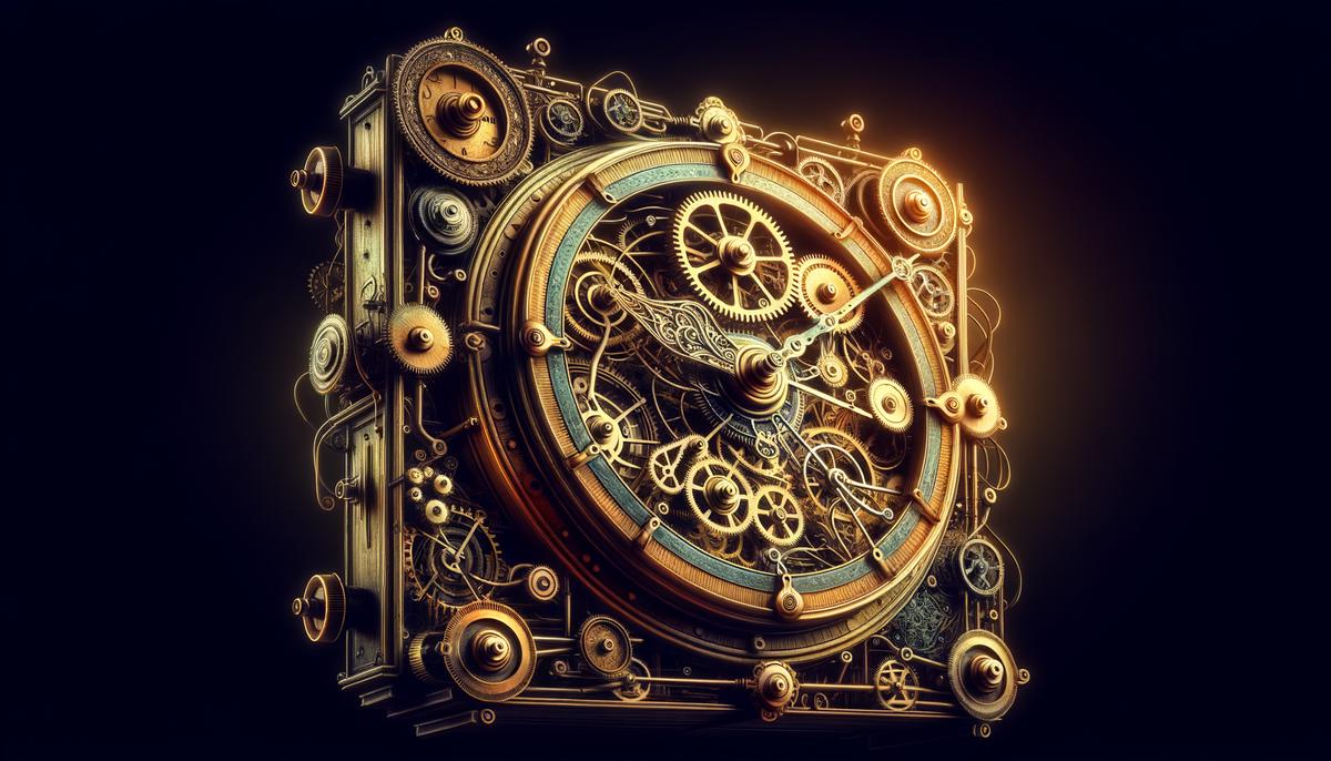 An image of an antique mechanical clock with intricate design and various gears