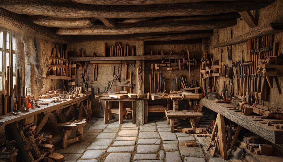 A medieval carpenter's workshop with woodworking tools and timber construction.