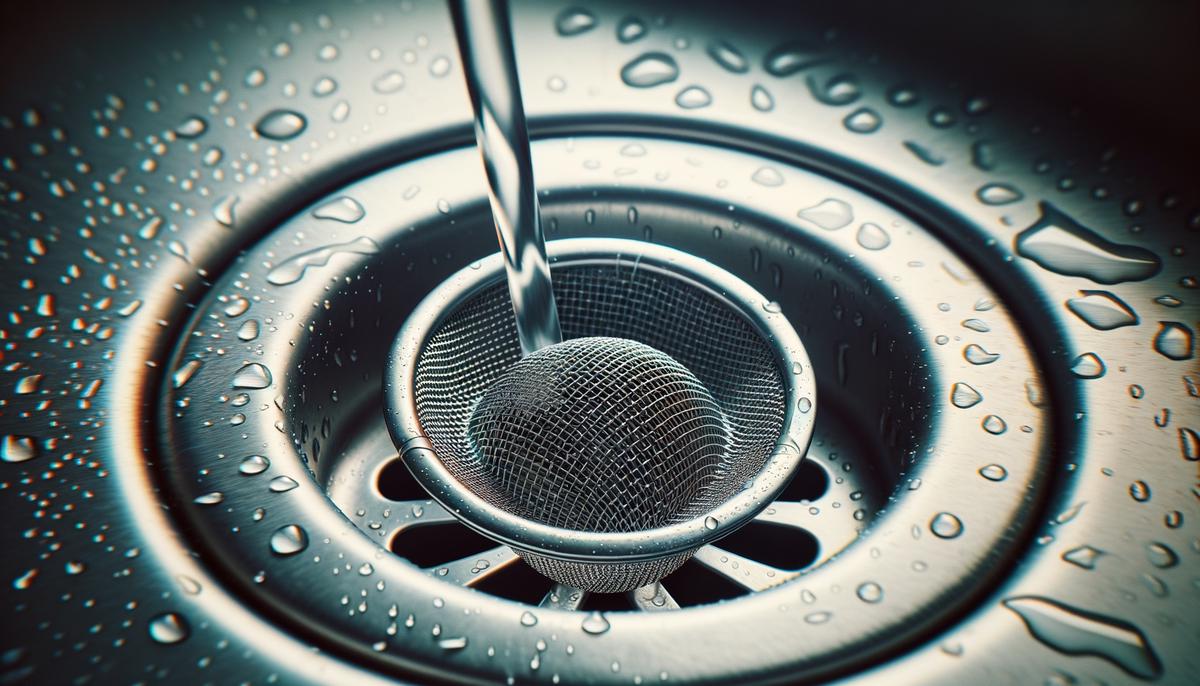 A stainless steel mesh drain strainer placed in a sink drain, ready to catch debris and prevent clogs.