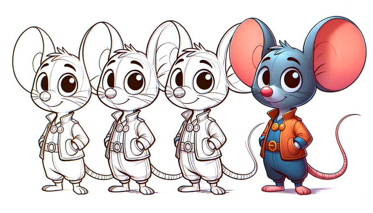 Image of Mickey Mouse through his different phases of creation, from sketch to finished animation concept. Avoid using words, letters or labels in the image when possible.