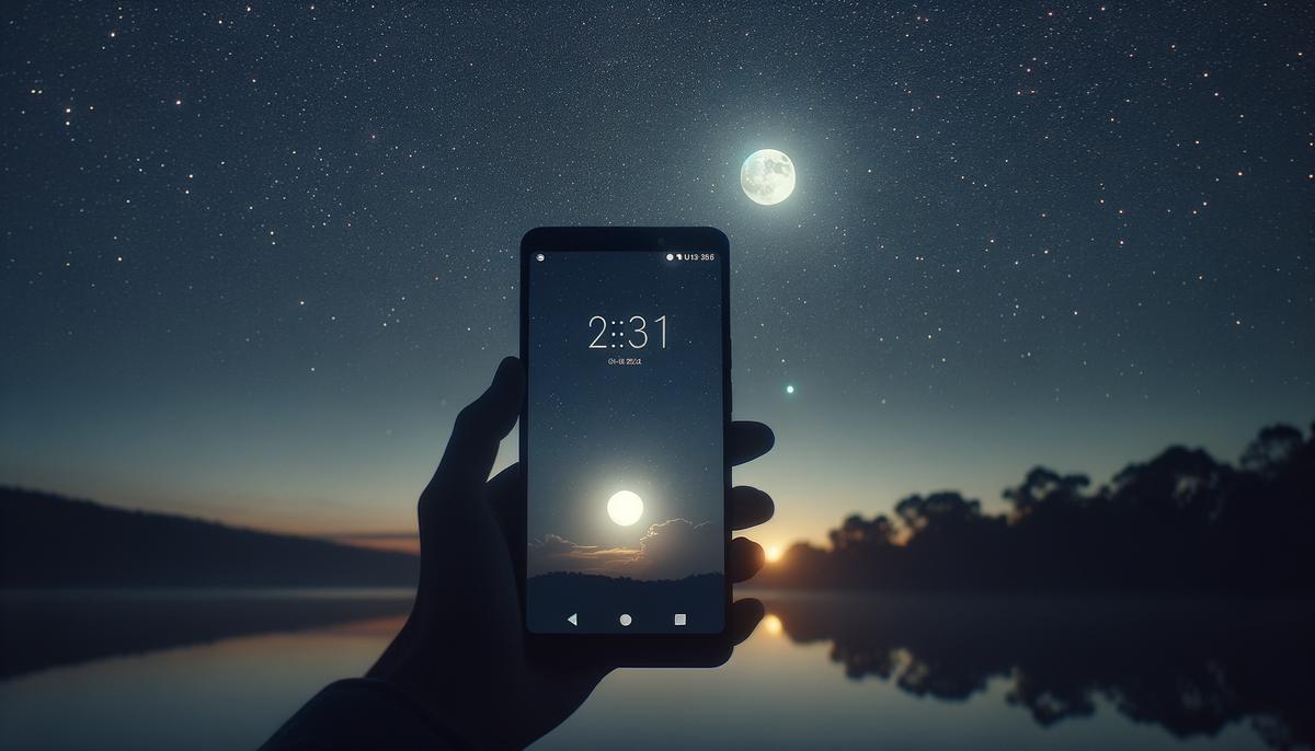 A quiet night with a glowing moon and a text message on a phone screen. Avoid using words, letters or labels in the image when possible.