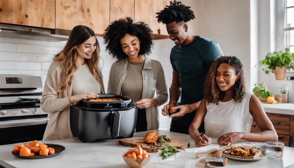 A diverse group of millennials in a modern kitchen cooking with an air fryer