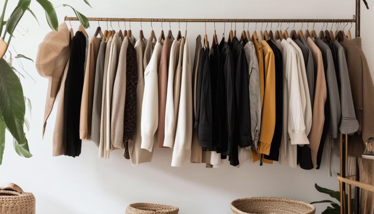 A curated and organized wardrobe with a minimalist aesthetic, representing the mindful and intentional approach of slow fashion.