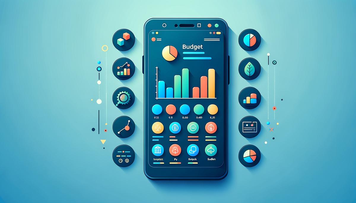 A smartphone displaying the Mint app interface with colorful graphs and budget tracking features