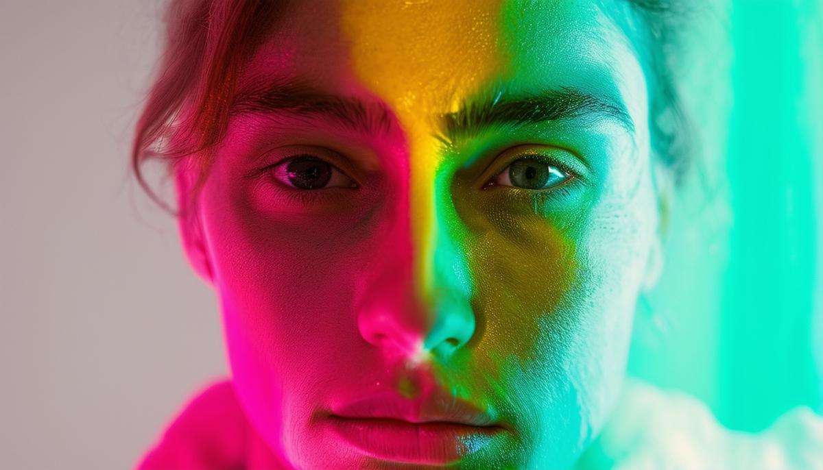 A portrait photograph with mixed color temperatures from different light sources, causing an unnatural color cast on the subject's face