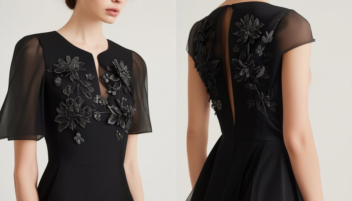 A modern interpretation of the little black dress featuring delicate 3D floral appliqués on the bodice.