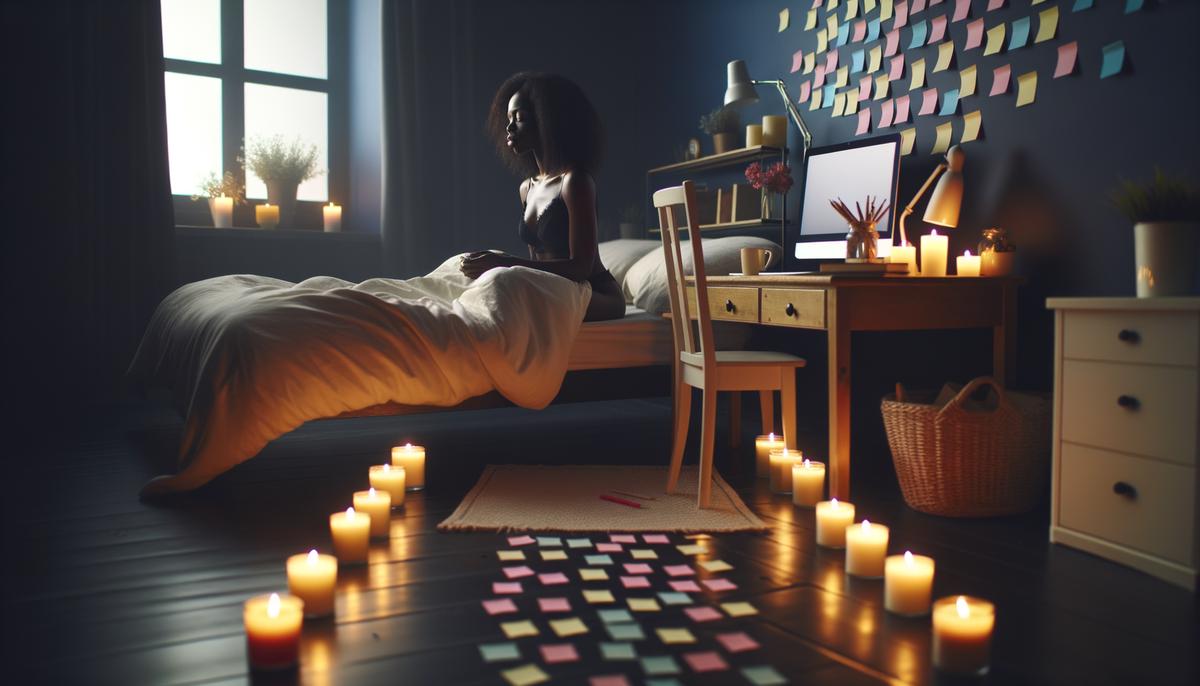 A woman waking up to sweet surprises, like sticky notes and candles, that have been placed around her room to make her morning special.. Avoid using words, letters or labels in the image when possible.