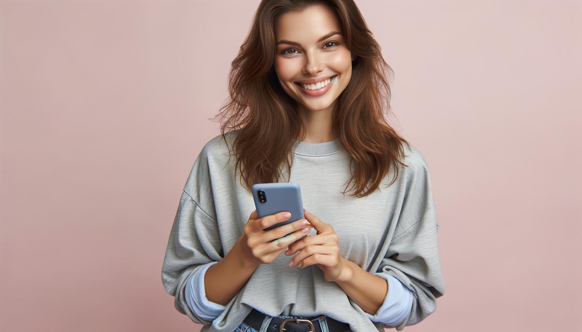 Image of a person holding a phone with a smile on their face, receiving a sweet morning text. Avoid using words, letters or labels in the image when possible.