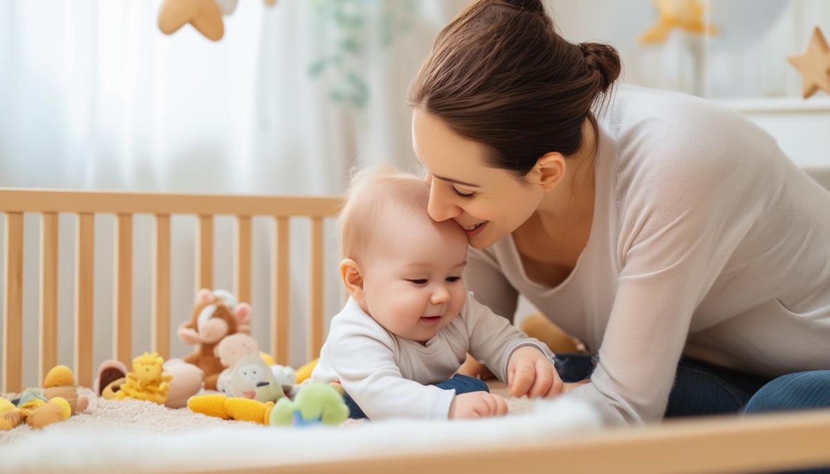 A mother and baby bonding and spending quality time together in a nurturing nursery setting.