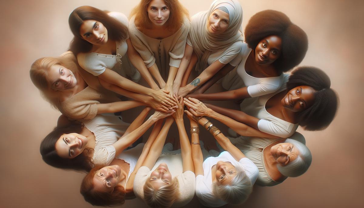 Mothers of diverse backgrounds joining hands, forming a circle of support and unity