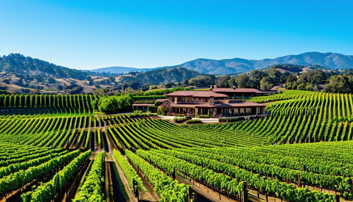 A beautiful winery in Napa Valley, California, surrounded by well-maintained vineyards, with a clear blue sky and rolling hills in the background.