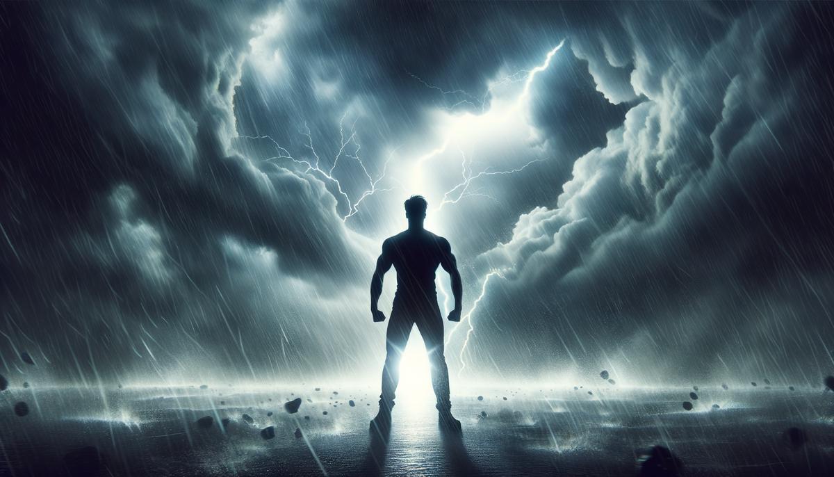 A person standing strong amidst a storm, symbolizing resilience against the emotional toll of a narcissistic parent