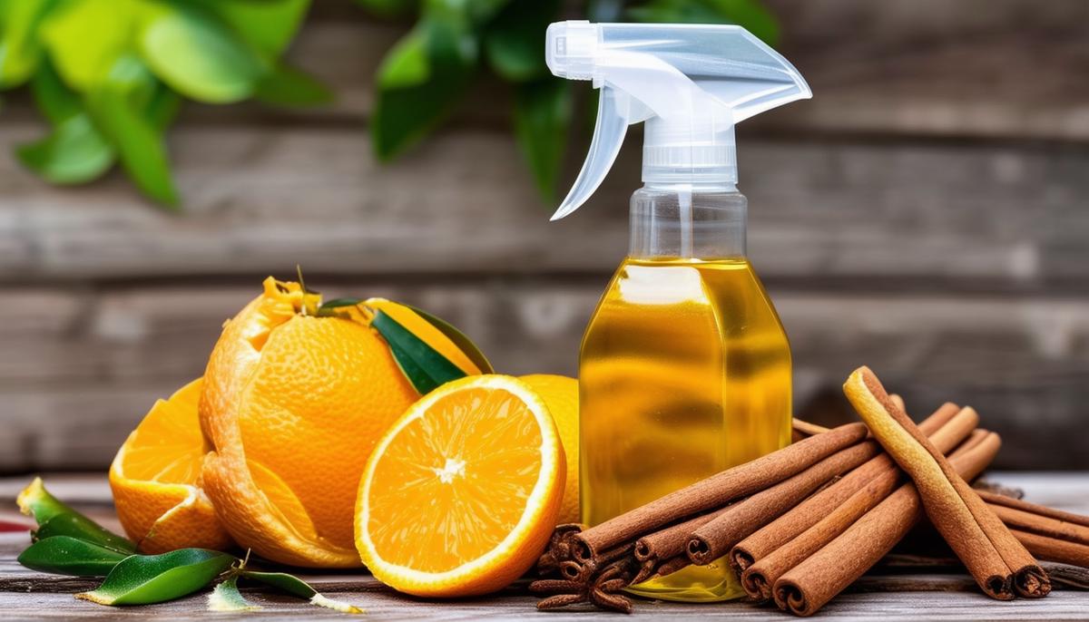 Vinegar spray bottle, citrus peels and cinnamon sticks as natural spider repellents