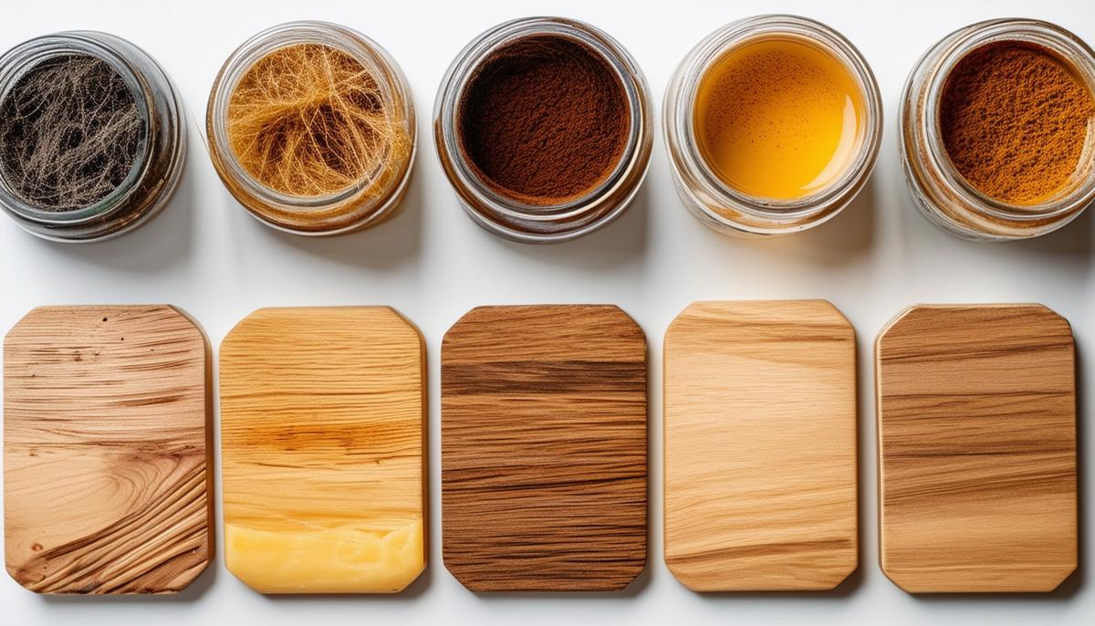 An assortment of natural wood finishes, including vinegar and steel wool stain, beeswax polish, and coffee and tea stains.