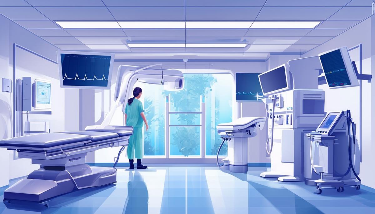 An illustration of a modern, state-of-the-art cancer treatment center with advanced medical equipment and technology.