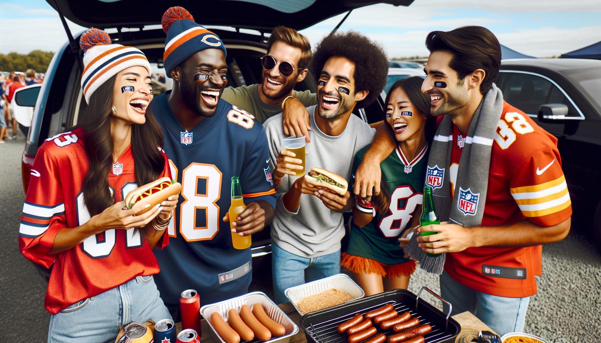 A group of diverse NFL fans tailgating in a parking lot before a game, with food, drinks, and team merchandise