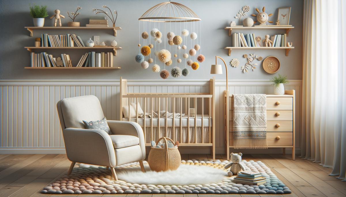 Nurturing details in a nursery, including a soft carpet, a bookshelf with children's books, a plush armchair, and a mobile above the crib.