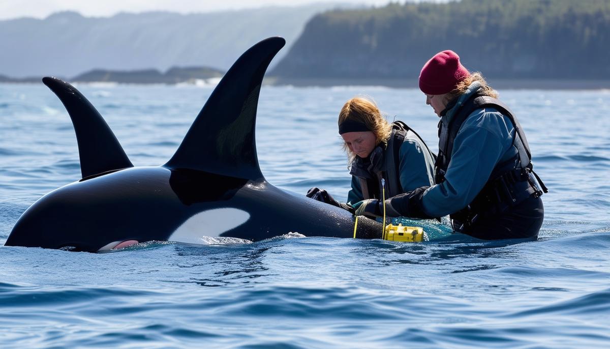 Marine conservationists tagging and monitoring an orca in the wild