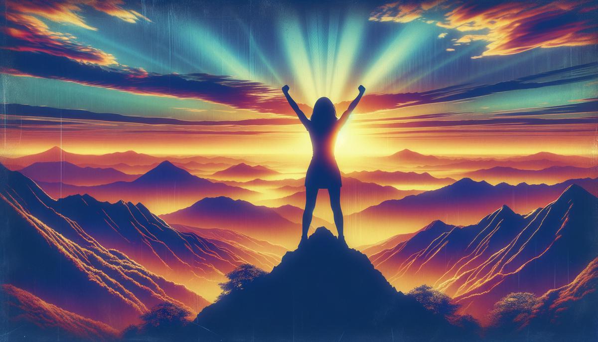 A person standing on a mountain top with arms raised in triumph, symbolizing overcoming life's challenges