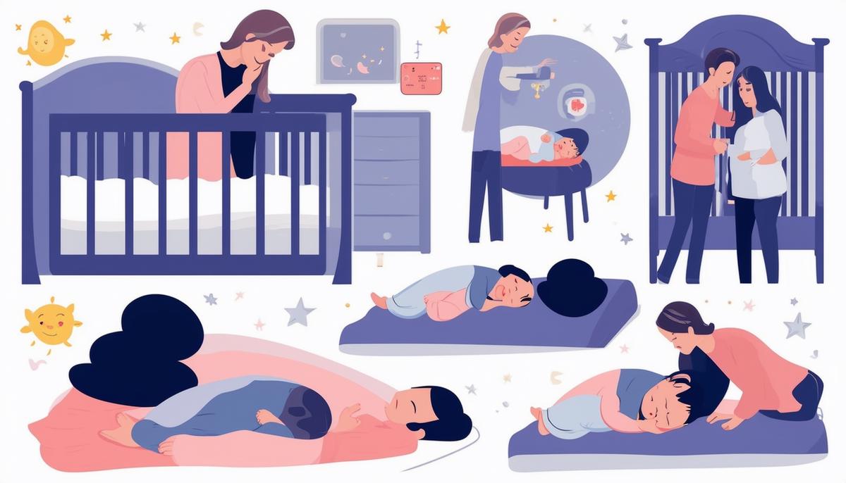 An illustration depicting common sleep challenges and strategies for handling them with a newborn baby.